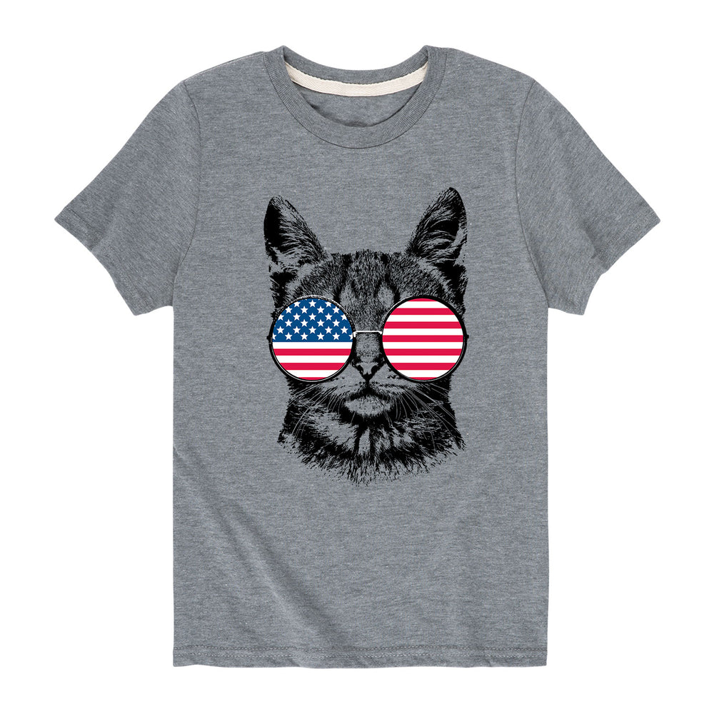 Cat, US Flag Glasses - Youth & Toddler Short Sleeve T-Shirt
