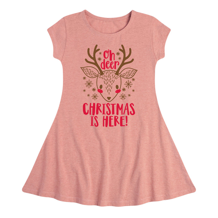 Oh Deer Christmas Is Here - Youth & Toddler Girl Fit and Flare Dress