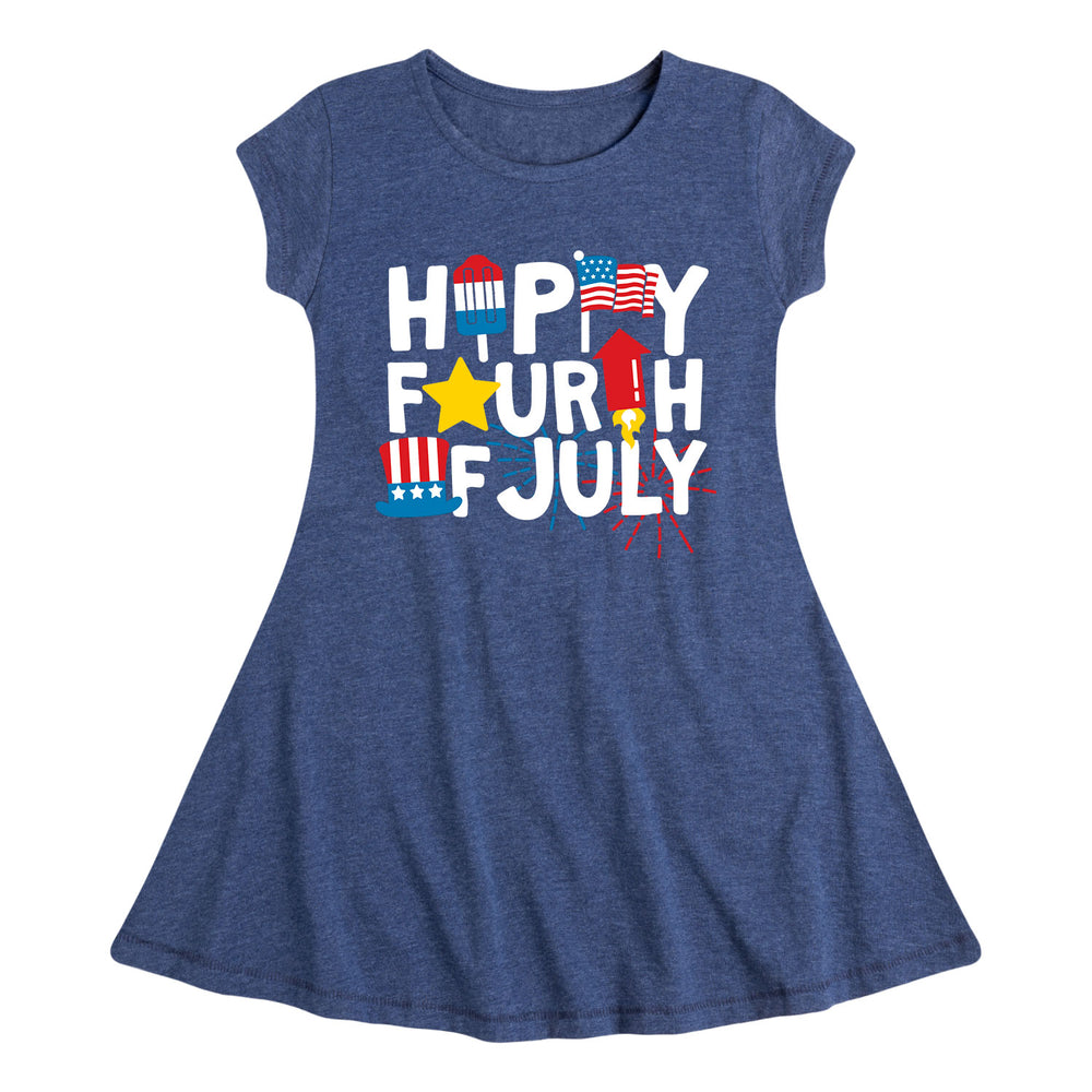 Happy Fourth Icon Font - Youth & Toddler Girls Fit and Flare Dress
