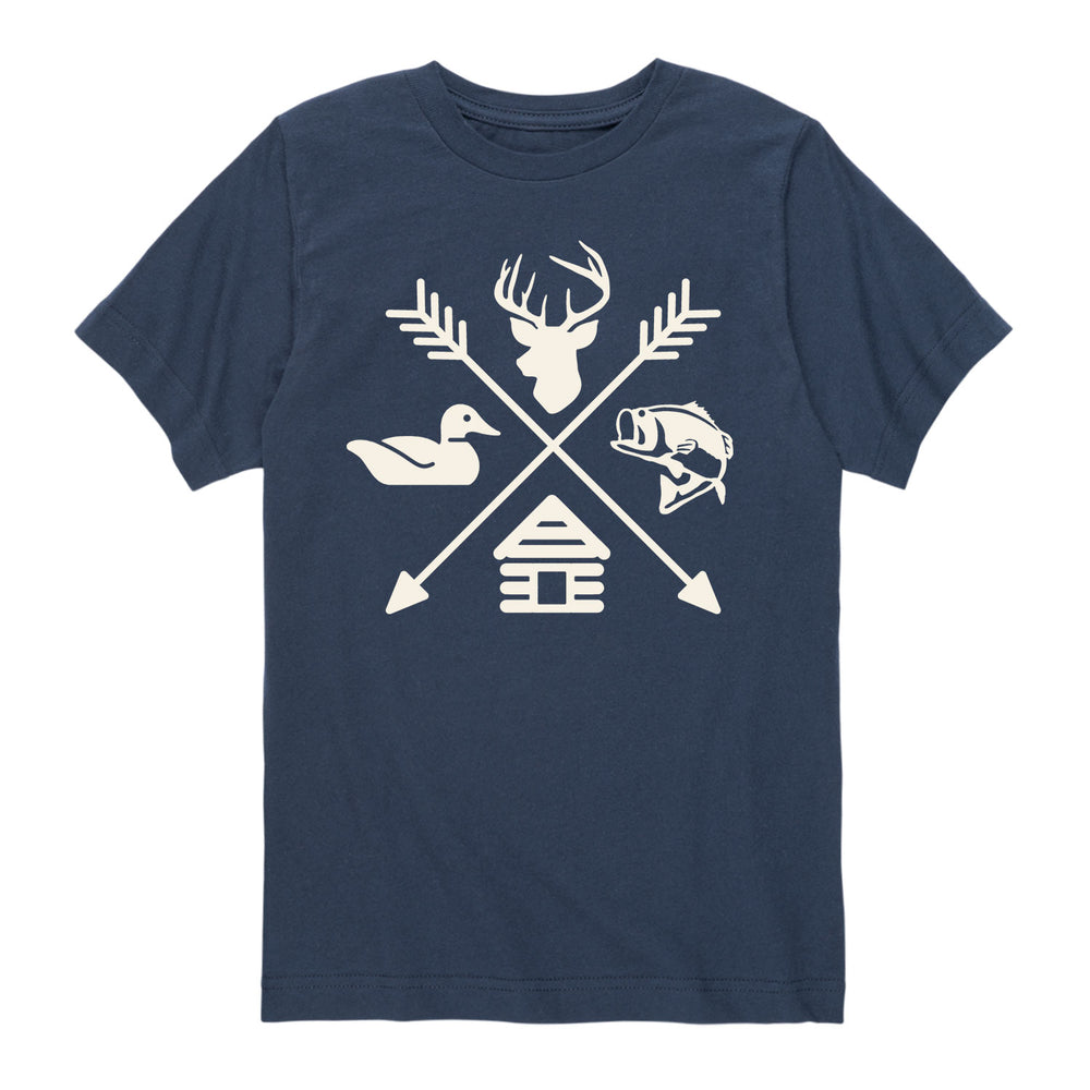 Hunting Fishing Symbols - Youth Short Sleeve Personalized T-Shirt | Medium / Navy | Custom Apparel from Instant Message