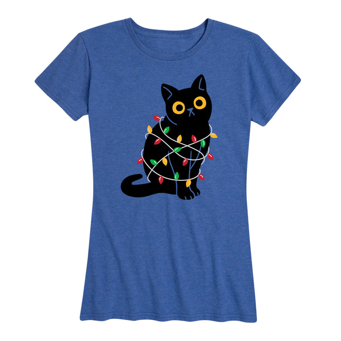 Cat Wrapped In Christmas Lights Womens Tee