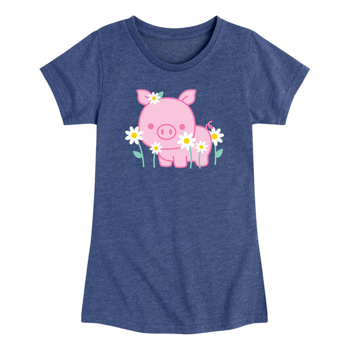Piglet With Daisies - Toddler and Youth Girls Short Sleeve T-Shirt