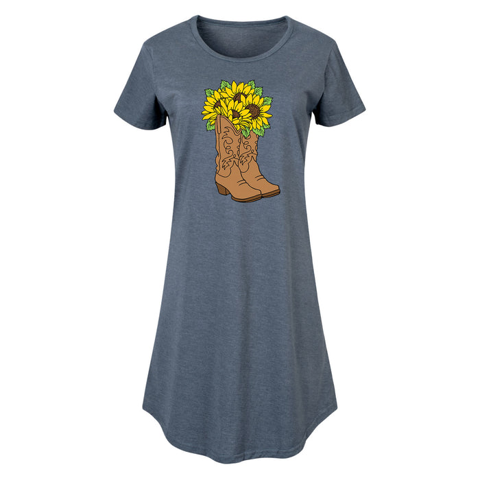 Cowgirl Boots With Sunflowers - Women's Short Sleeve Dress