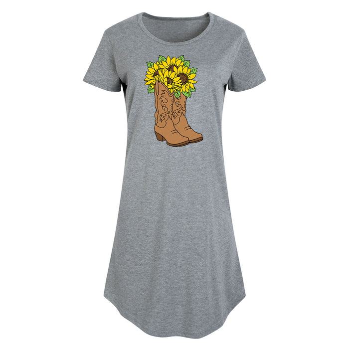Cowgirl Boots With Sunflowers - Women's Short Sleeve Dress