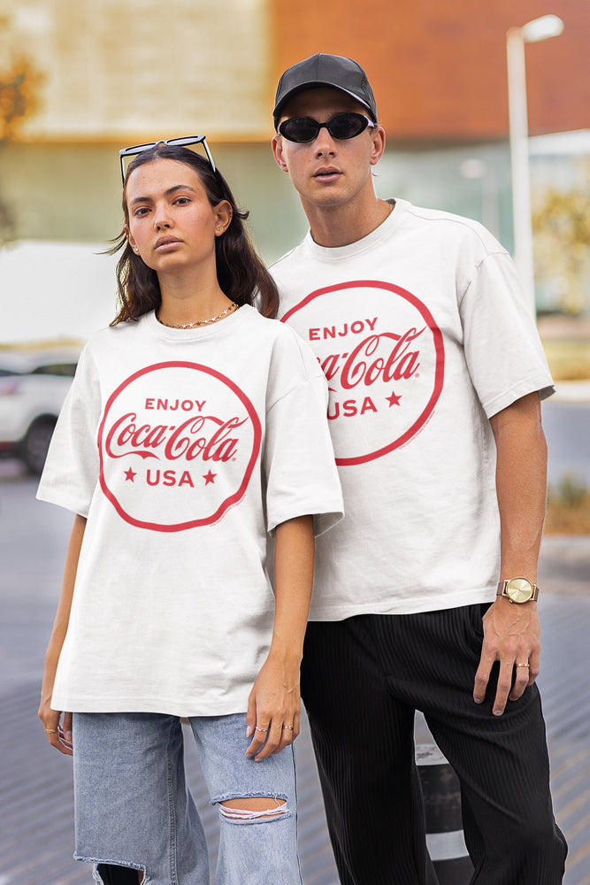 Enjoy Coca-Cola USA | Adult Short Sleeve Graphic T-Shirt | Coca-Cola Drink Shirt | Coke Soda Pop White Tee